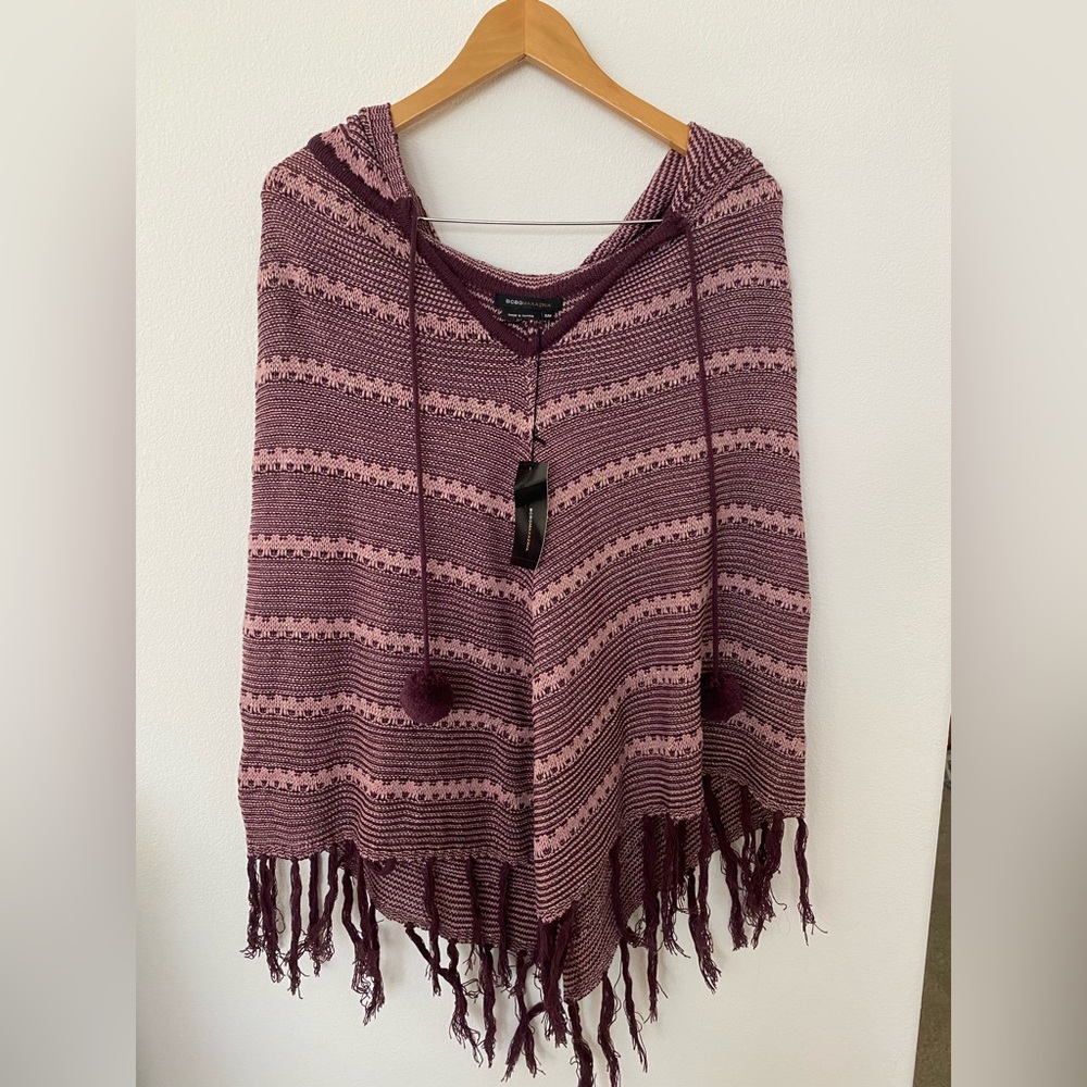 BCBG Maxazria hooded Pompom Poncho NEW